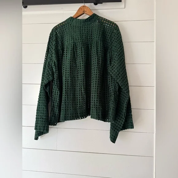 Asos Womens Eyelet Top Blouse Hunter Green Cotton Bell Sleeve Mock US Size 14 - Picture 2 of 8